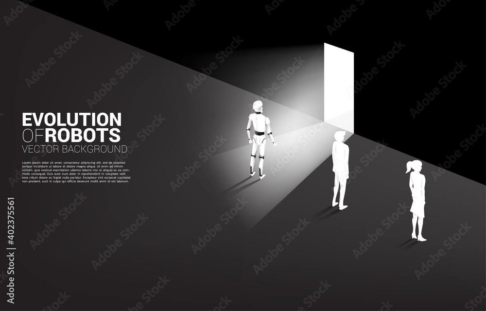 Poster Robot at exit door with human with wall. Business concept for machine learning and a.i artificial intelligence.human vs. robot.