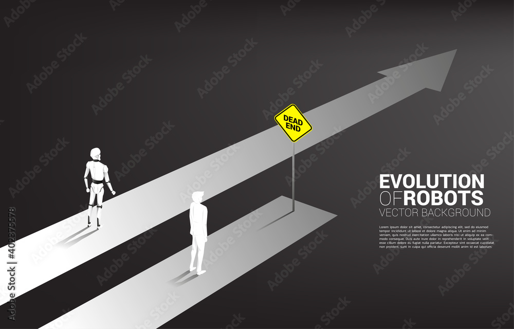 Poster business concept of human and robot competition. silhouette of robot on going track and businessman 