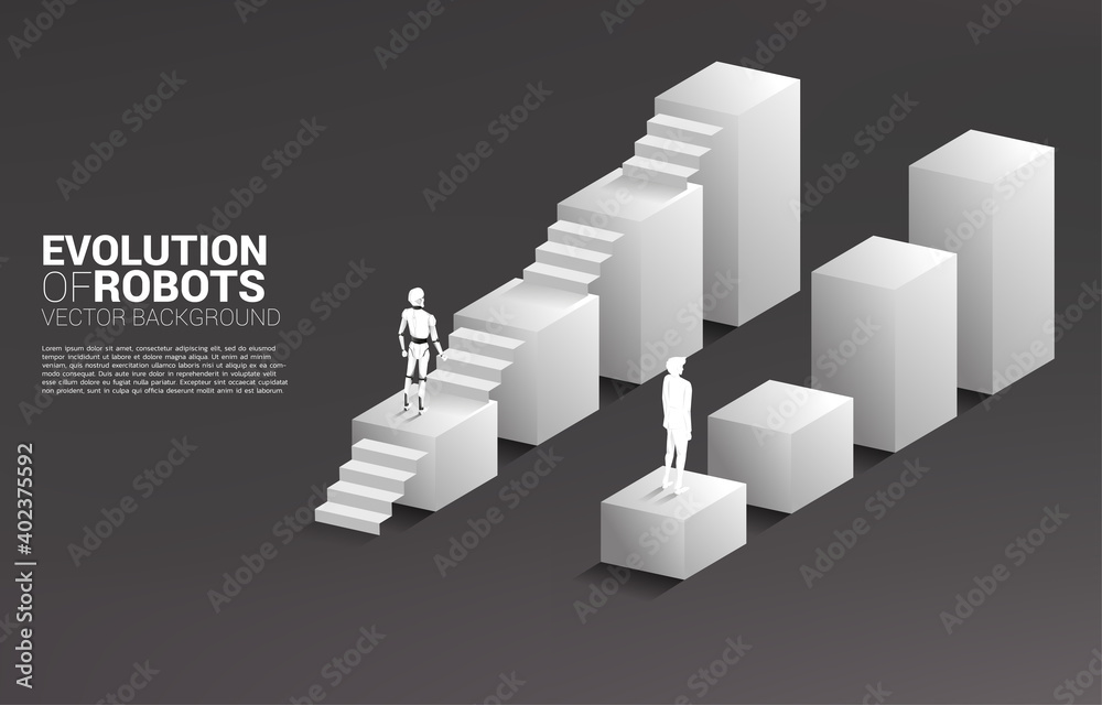 Poster Businessman and robot move on growing graph and the only robot with the stair. Business concept for machine learning and a.i artificial intelligence.human vs. robot.