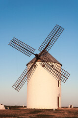 Grain windmill at sunset, Campo de Criptana. Castile La Mancha, Spain