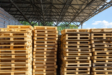 The stacked of a pallets for forklift. Packaging and carriage of  products in industrial facility.