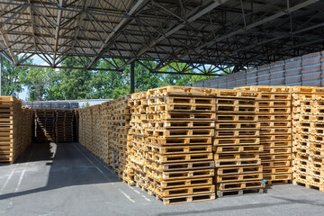 The stacked of a pallets for forklift. Packaging and carriage of  products in industrial facility.