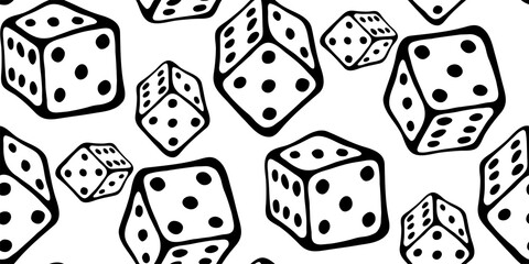 Funny seamless pattern with doodle dice for board game. Flying cubes by black outline isolated on white background. Perfect for game decor of children's playroom, textiles, packaging. Stay home.