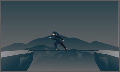 vector illustration of women business running on tightrope on the mountain,
