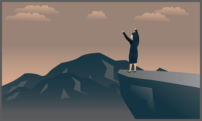 vector illustration of business woman celebrating victory on the mountain,