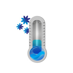 An illustration of a cold thermometer in blue  colour with some snowflakes, isolated, icon, logo.