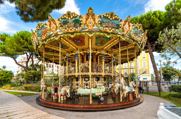 The colorful carousel at Albert I Garden, or Jardin Albert 1er in Vieux or Old City in the Mediterannean city of Nice France on the French Riviera © Kirk Fisher