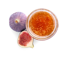 Homemade delicious fig jam and fresh fruits on white background, top view