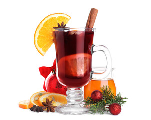 Aromatic mulled wine and ingredients on white background