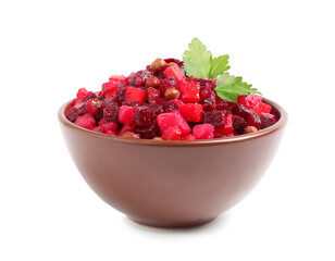 Traditional Russian salad vinaigrette in bowl isolated on white