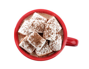 Delicious cocoa drink with marshmallows isolated on white, top view
