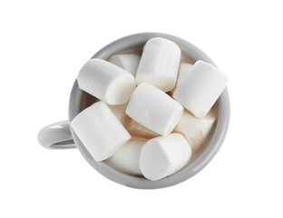 Delicious cocoa drink with marshmallows isolated on white, top view