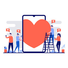 Valentine's day festival concept with tiny character. Couple sent red heart and love gift in mobile phone flat vector illustration. Can use for poster, card, background, web banner or landing page