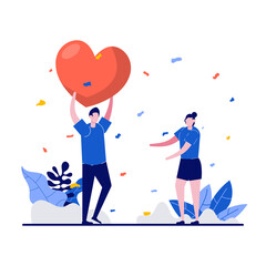 Happy valentine's day virtual concept with tiny character. People falling in love holding big heart above his head flat vector illustration. Can use for poster, card, web banner or landing page