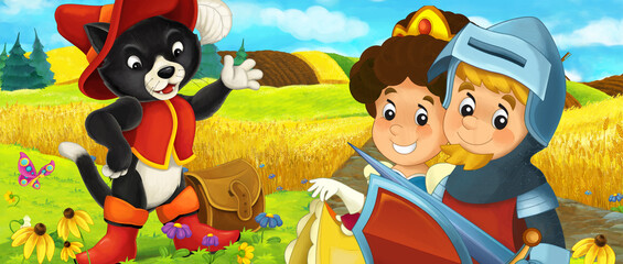 Obraz na płótnie Canvas cartoon prince and princess on the farm ranch traveling meeting cat illustration