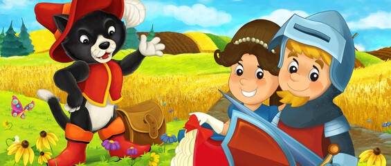 Obraz na płótnie Canvas cartoon prince and princess on the farm ranch traveling meeting cat illustration