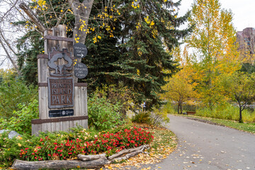Prince's Island Park autumn foliage scenery in downtown Calgary, Alberta, Canada.