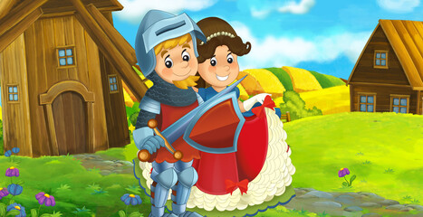 cartoon scene prince and princess on the farm ranch traveling illustration