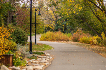 Prince's Island Park autumn foliage scenery in downtown Calgary, Alberta, Canada.