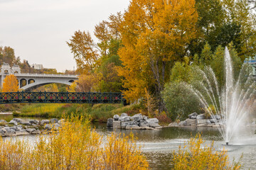 Prince's Island Park autumn foliage scenery in downtown Calgary, Alberta, Canada.
