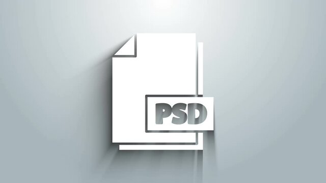 White PSD file document. Download psd button icon isolated on grey background. PSD file symbol. 4K Video motion graphic animation