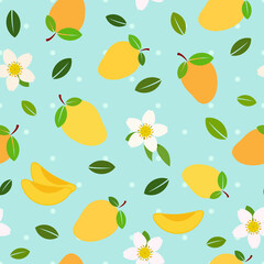 Mango and flowers, slices, and leaves, flat vector illustrations with tiny dots over sky blue background, seamless pattern