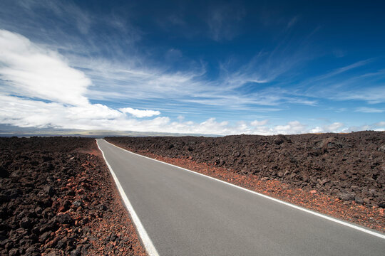 Road through lava fields, Mauna Loa Observatory Road. Big Island Hawaii 