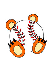 Caricatura de bola de baseball con orejas y garras de oso