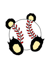 Caricatura de bola de baseball con orejas y garras de oso
