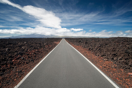 Road through lava fields, Mauna Loa Observatory Road. Big Island Hawaii 