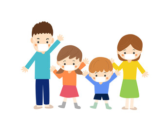 マスクをつけて笑顔で手を振る4人家族（全身）04