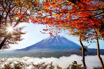 Mountain Fuji in autumn with red maple leaves, Japan