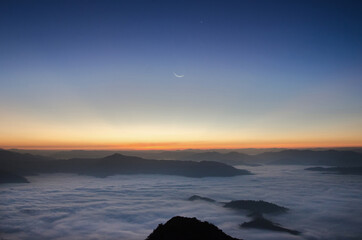 Sunrise and sea of mist, Top view, Doiphamon, ChiangRai, Thailand.