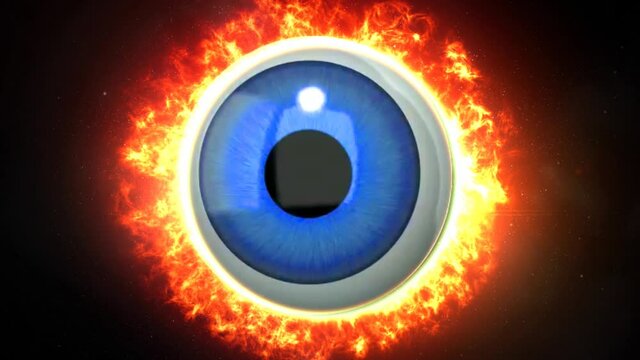 Flaming Eye in the Sky Searching 4K Loop features a giant eye in space with a ring of flames around it searching forever in a loop