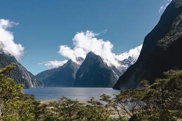 Milford Sound view from the port on a sunny day. Fiordland National Park, New Zealand