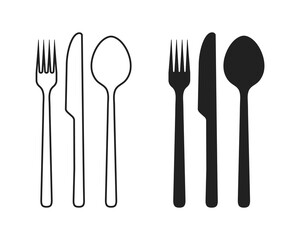 Fork spoon and knife cutlery icon with black silhouette and thin line isolated vector illustration. Outline dining silverware symbol for cafe, restaurant or food shop menu sign. Cooking utensil Set 2