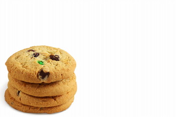 traditional homemade chocolate chip,candy,oatmeal cookies isolated closeup on white background with copy space