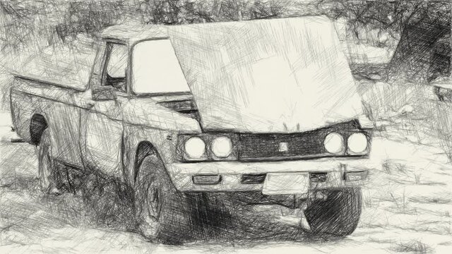 art drawing black and white of car 
