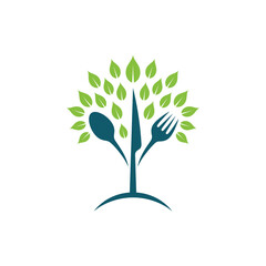 Tree and cutlery. Fresh and healthy food logo concept with flat style