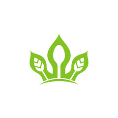 Leaf, crown and spoon. King of healthy food logo concept with flat style