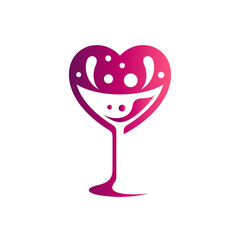 Drinking glass and heart shape. Beverage logo concept with flat style