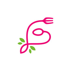 Letter G, leaf, spoon and fork. Food or restaurant logo concept line flat style