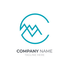 Simple CM monogram logo design. Letter C and letter M simple line art logo style with blue color
