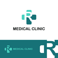 Initial letter R on medical cross icon for healthy, health care, and medicine logo design concept vector