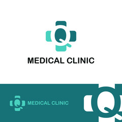 Initial letter Q on medical cross icon for healthy, health care, and medicine logo design concept vector
