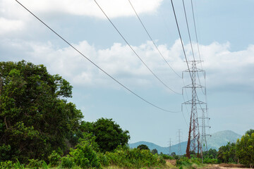 Electricity transmission line with green tree nature, Green conservative energy, Energy be friendly with environment concept, Power distribution pylon system to rural community and countryside