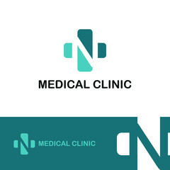 Initial letter N on medical cross icon for healthy, health care, and medicine logo design concept vector