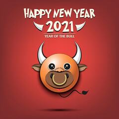 Happy New year. 2021 year of the bull. Cute muzzle bull in the form of a ping-pong ball. Ping-pong ball made in the form of a cow. Greeting card template with for 2021 new year. Vector illustration