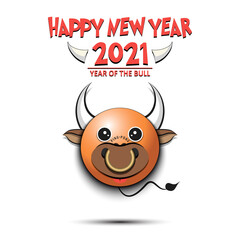 Happy New year. 2021 year of the bull. Cute muzzle bull in the form of a ping-pong ball. Ping-pong ball made in the form of a cow. Greeting card template with for 2021 new year. Vector illustration