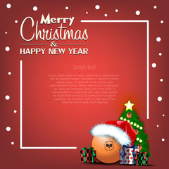 Obraz na płótnie Canvas Merry Christmas and Happy New Year. Frame with Ping-pong ball, Christmas tree and gift boxes. Greeting card design template with for new year. Vector illustration